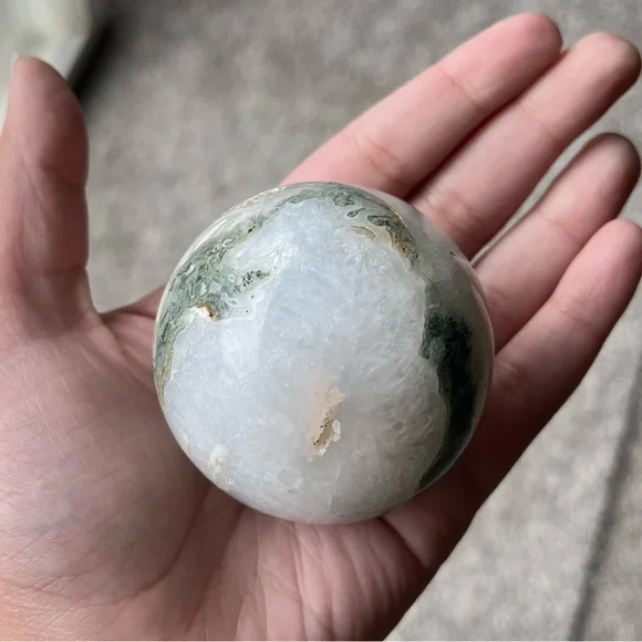 Moss Agate Sphere w/ Heart-Shaped Druzy Pocket - Picture 16 of 17